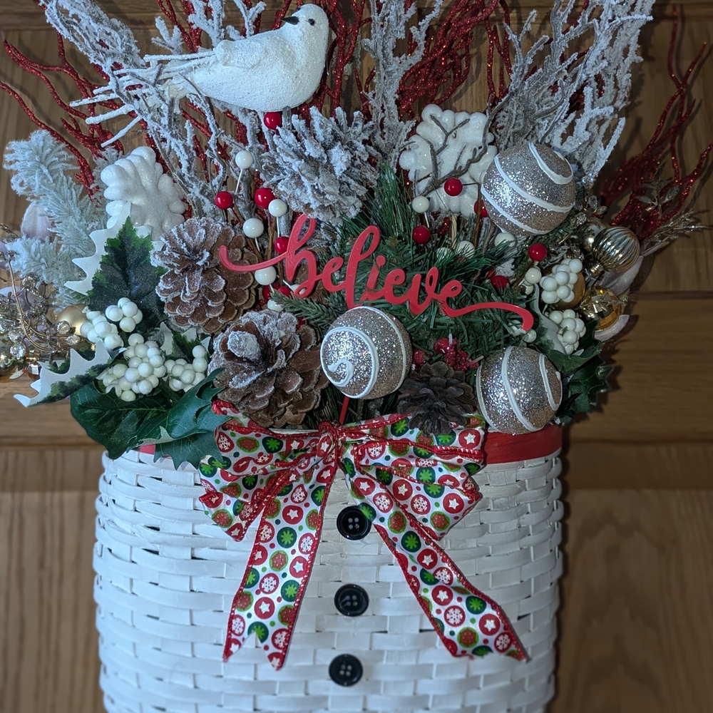 Charming Holiday Basket Door Decor/Centerpiece with Red & White Winter Accents